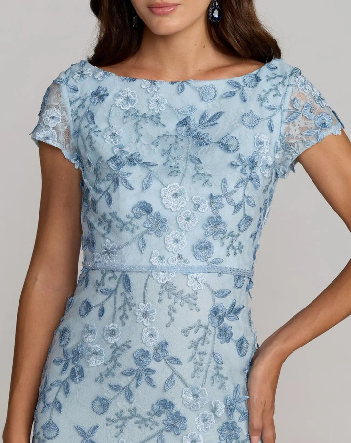 Blue Floral Applique Boat Neck Cap Sleeve Gown - FOSTANI.com
