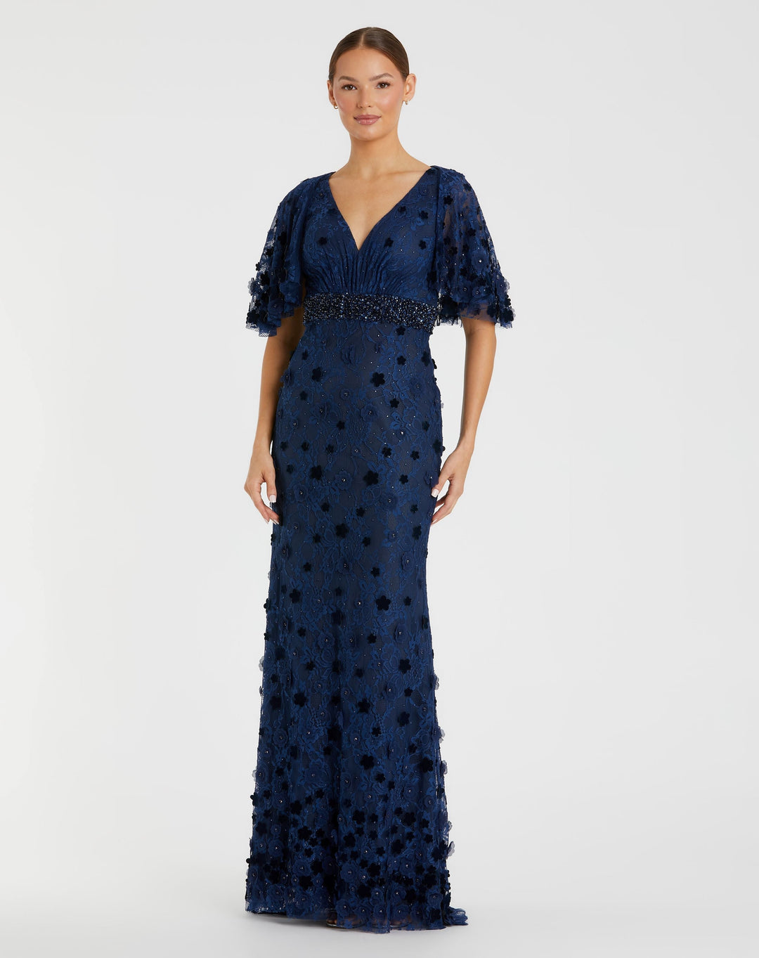 Mac Duggal 67712 Navy Flutter Sleeve Embellished Lace Gown