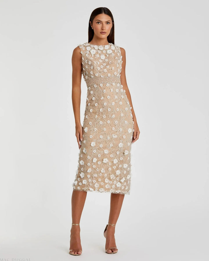 Nude Floral Applique Sleeveless Midi Dress - FOSTANI.com