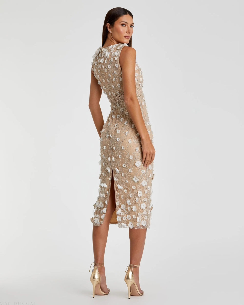 Nude Floral Applique Sleeveless Midi Dress - FOSTANI.com