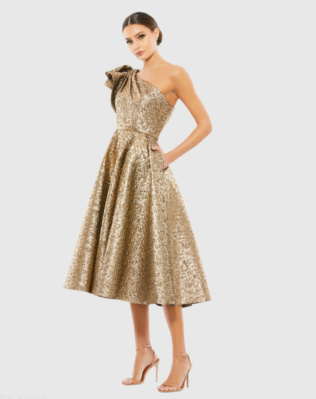 Mac Duggal 67906 Gold One Shoulder Bow Midi Dress With Pockets