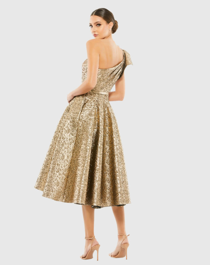 Mac Duggal 67906 Gold One Shoulder Bow Midi Dress With Pockets