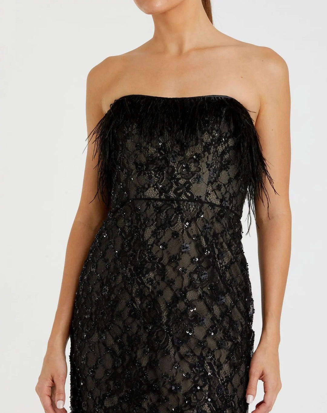 Mac Duggal 68140 Black Embellished Feather Strapless Column Dress
