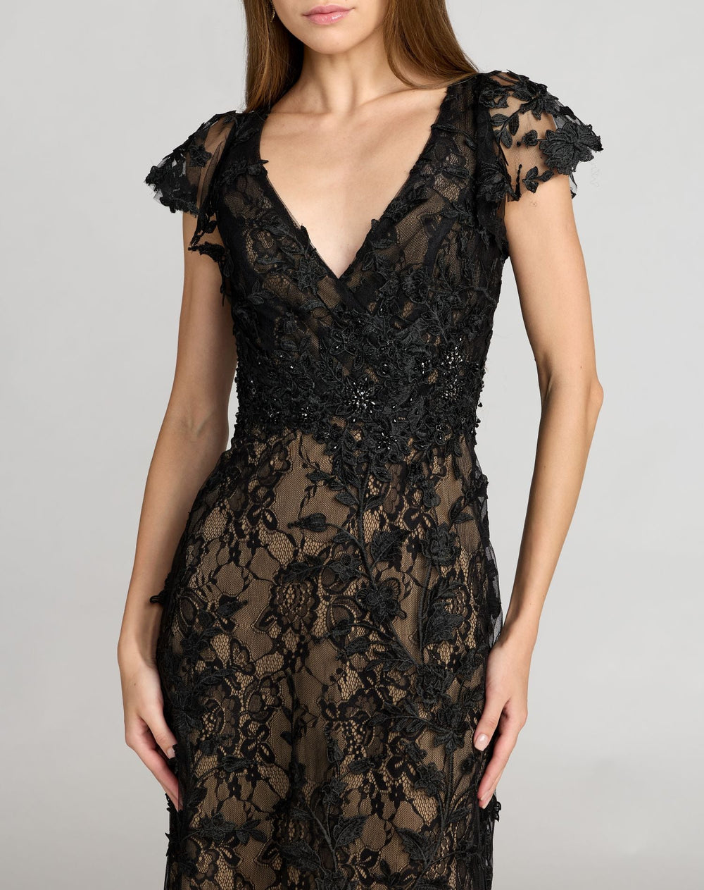 Mac Duggal 68192 Embroidered Applique Wrap Over Flutter Sleeve Gown