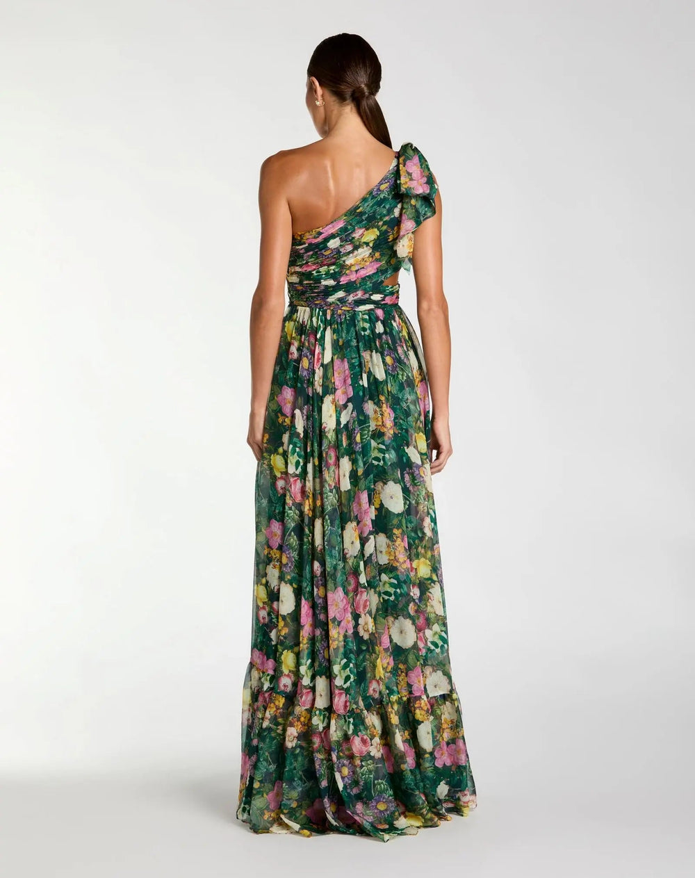 Green One Shoulder Floral Printed Chiffon Side Cut Out Gown - FOSTANI.com