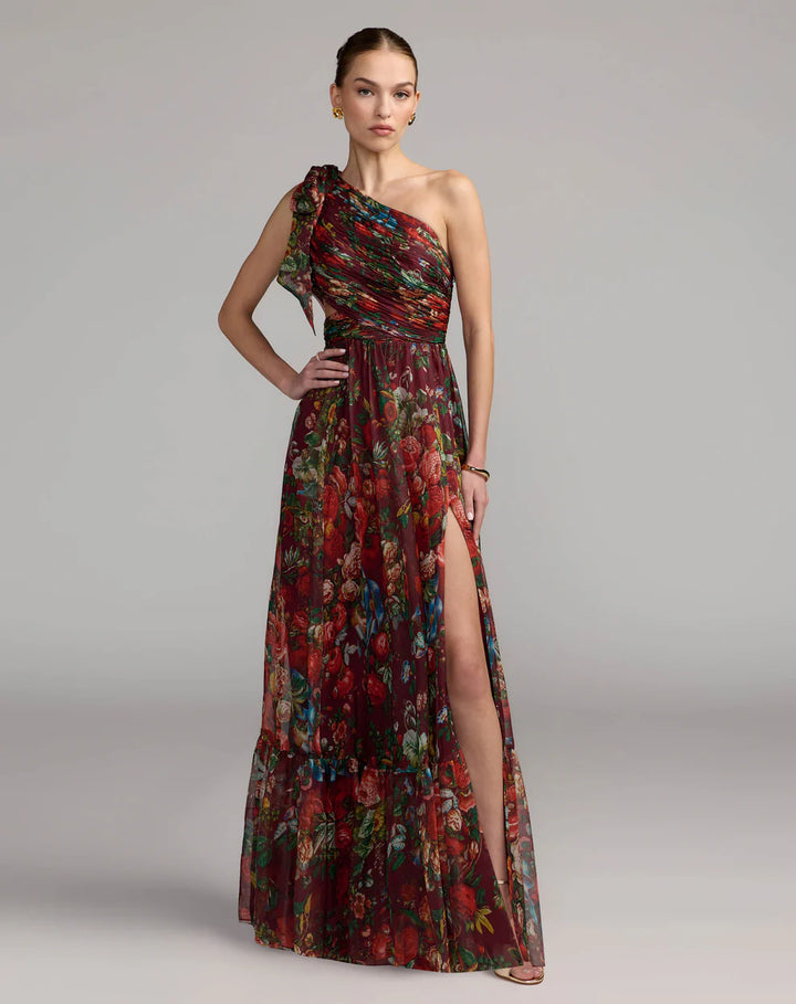 Mac Duggal 68553 One Shoulder Floral Printed Chiffon Side Cut Out Gown Dress