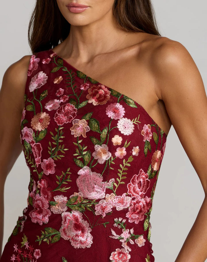 Mac Duggal 68606 Petite Green One Shoulder Floral Embroidered Gown