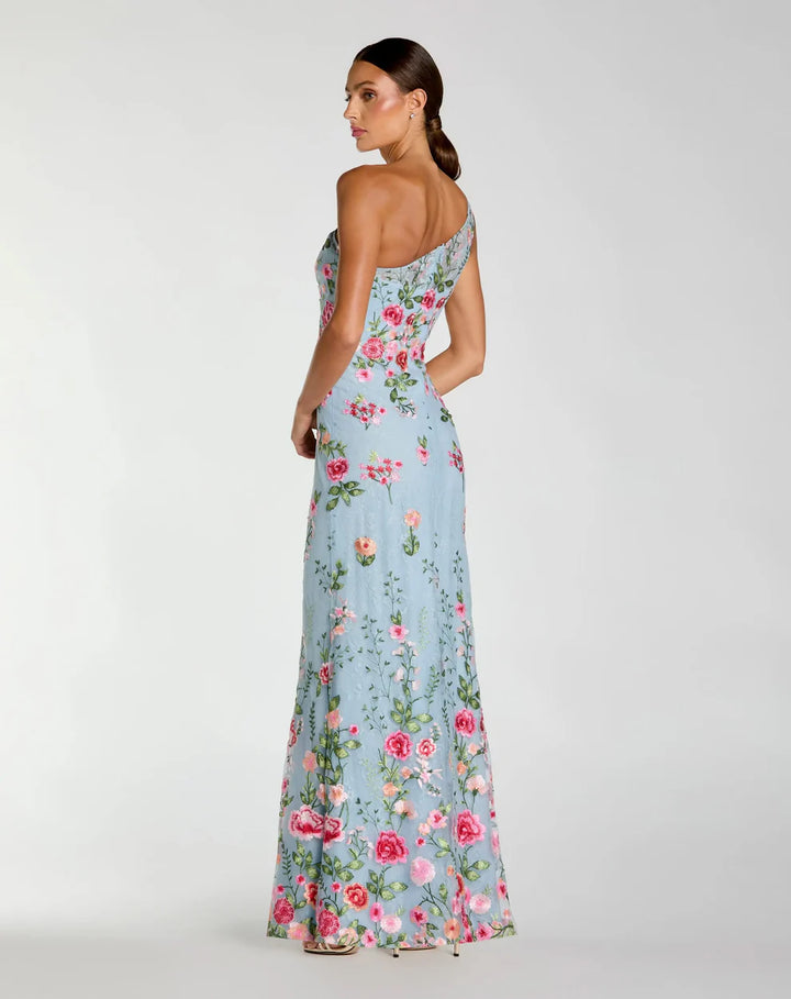 Mac Duggal 68606 Petite Green One Shoulder Floral Embroidered Gown