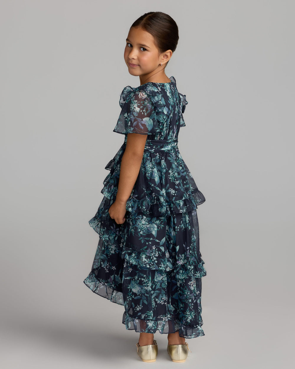 Mac Duggal 68664 Girls Floral Chiffon Tiered Ruffle Dress
