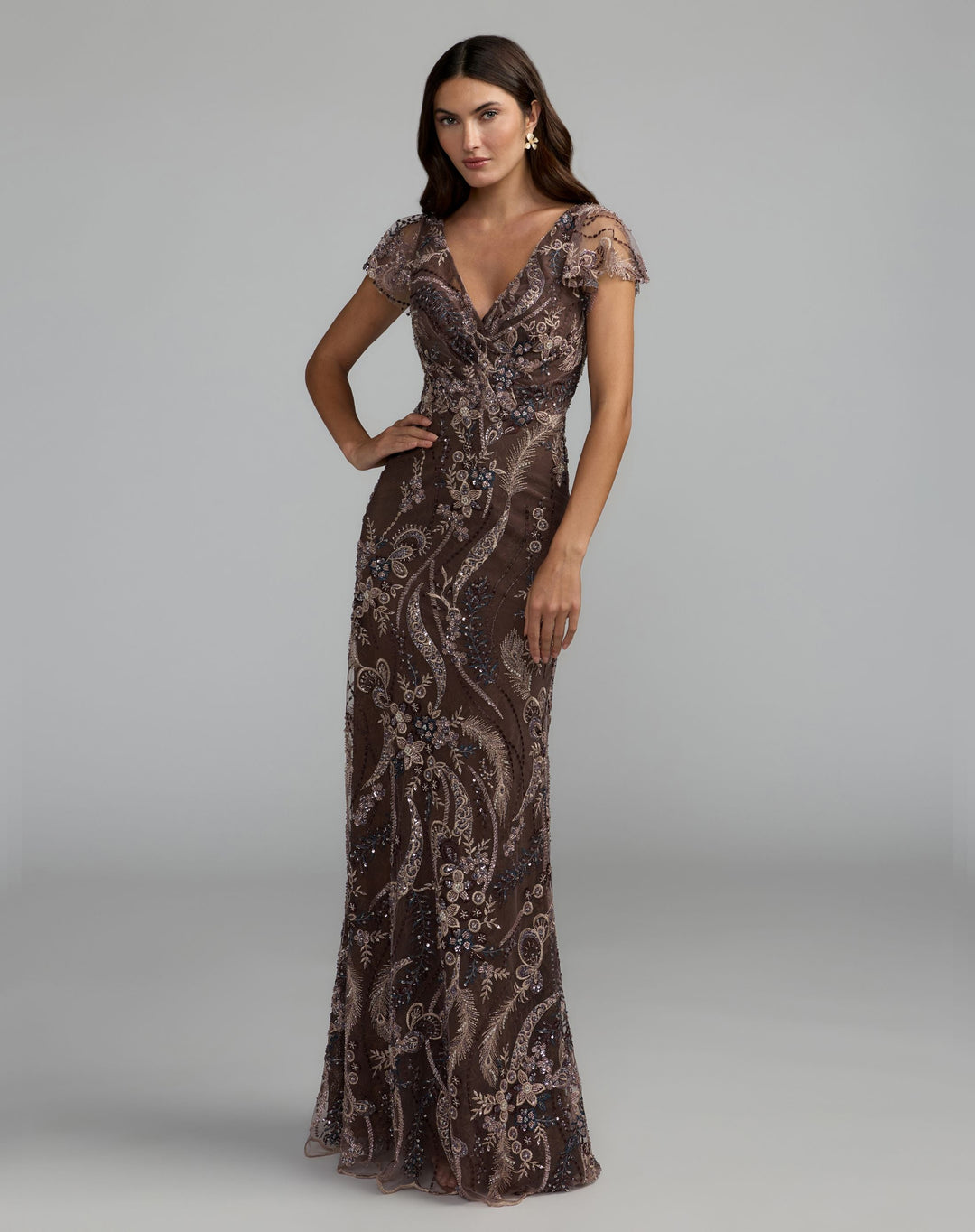 Mac Duggal 68914 V Neck Flutter Sleeve Embroidered Lace Gown Dress