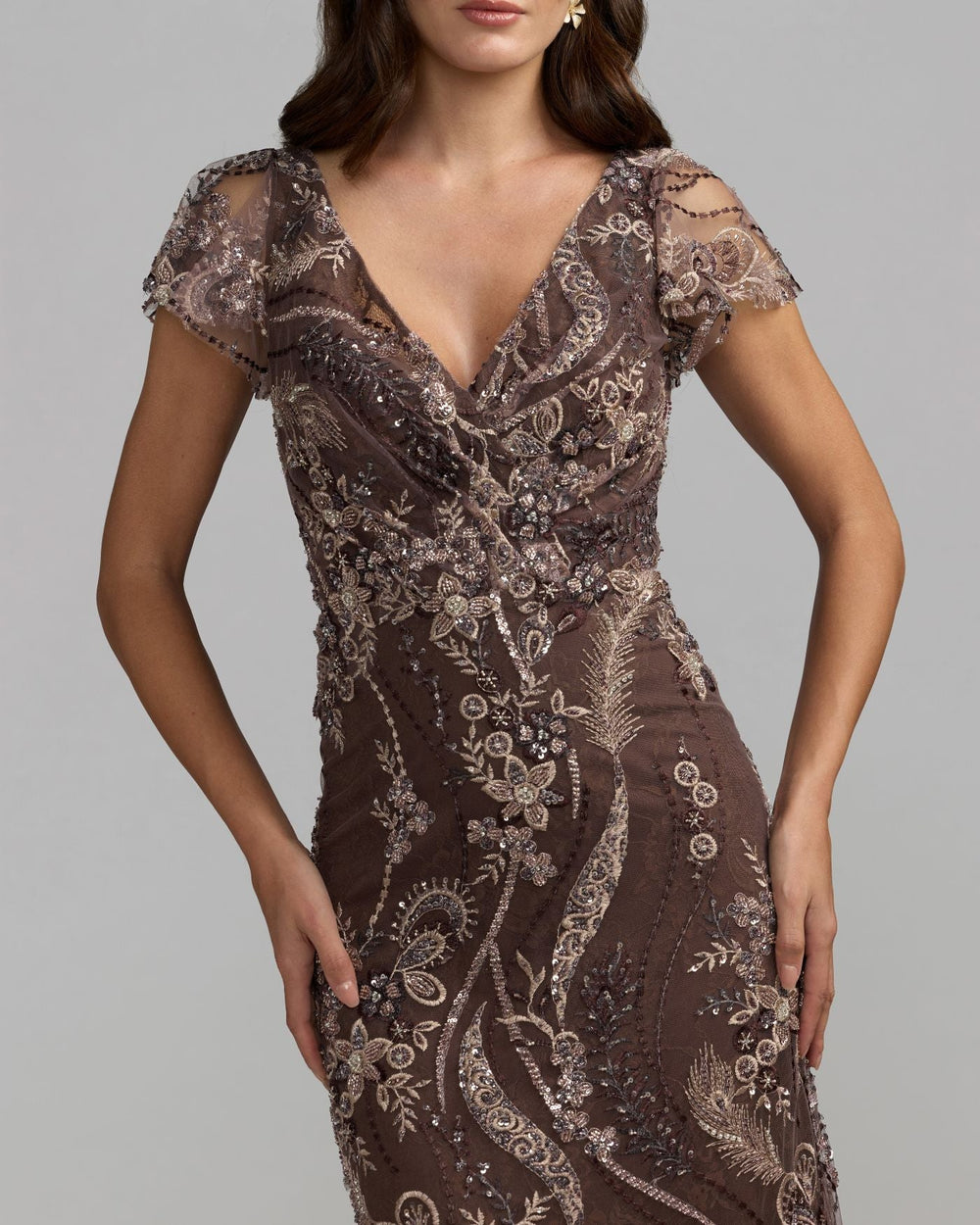 Mac Duggal 68914 V Neck Flutter Sleeve Embroidered Lace Gown Dress