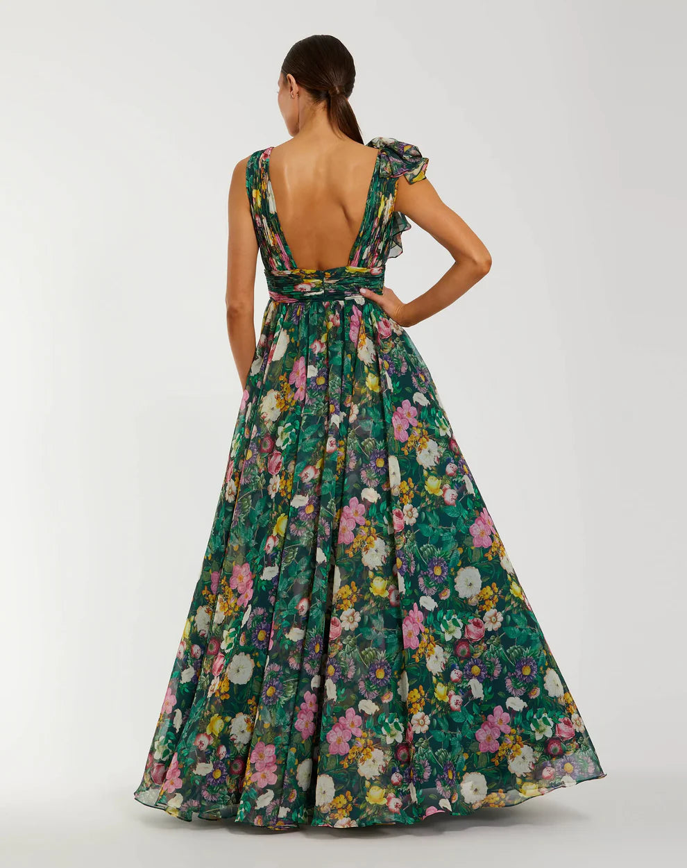 Mac Duggal 9948856P Petite Pink Ruffle Shoulder V-Neck Chiffon Gown