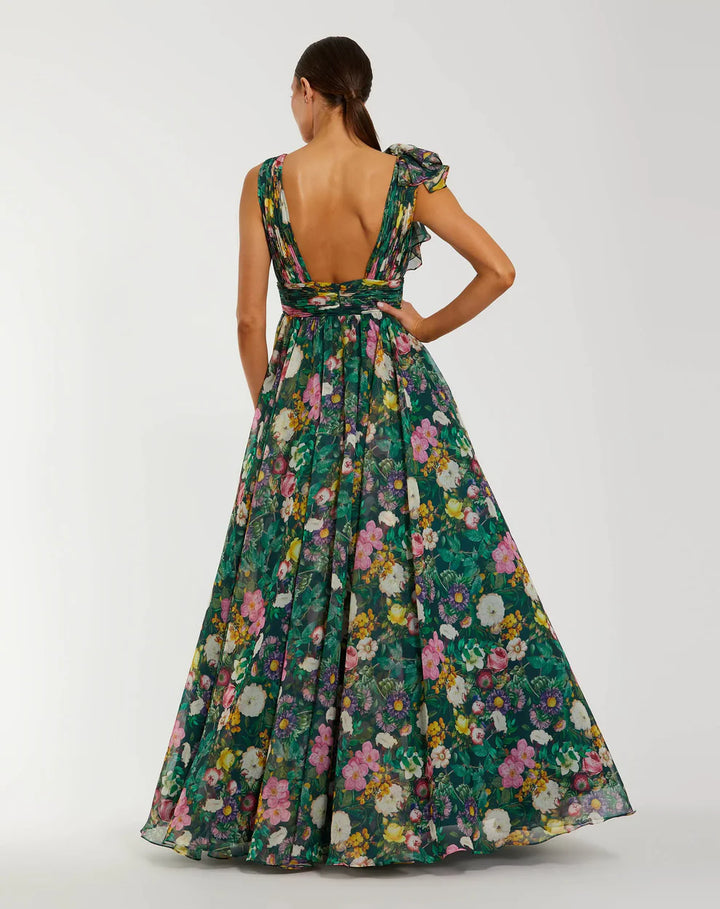 Mac Duggal 9948856P Petite Pink Ruffle Shoulder V-Neck Chiffon Gown