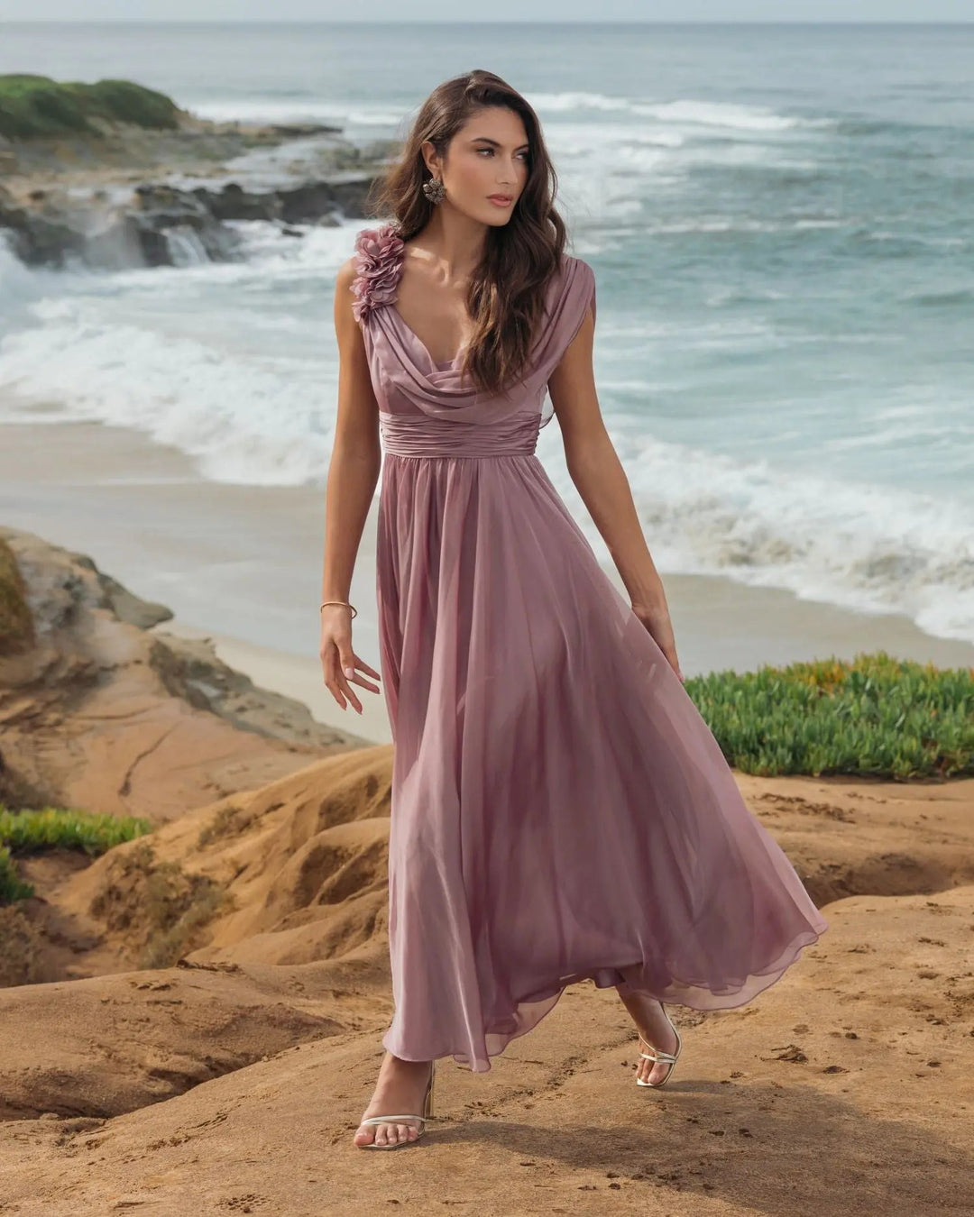 Mac Duggal 68967 Pink Chiffon Cowl Neck Dress With 3D Flowers
