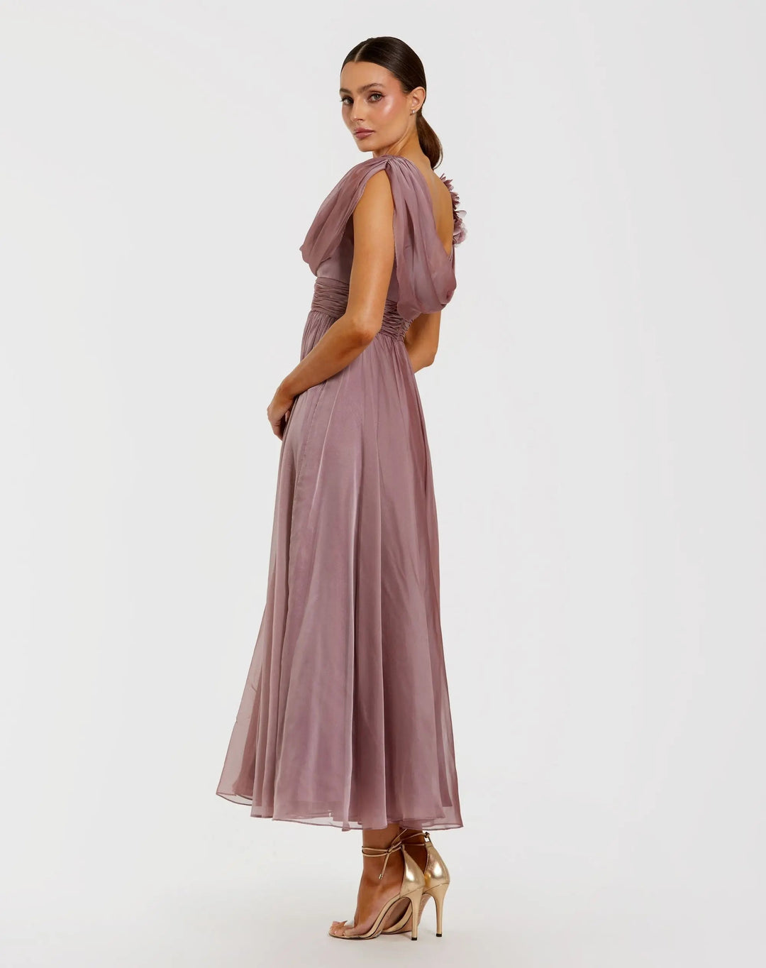 Mac Duggal 68967 Pink Chiffon Cowl Neck Dress With 3D Flowers