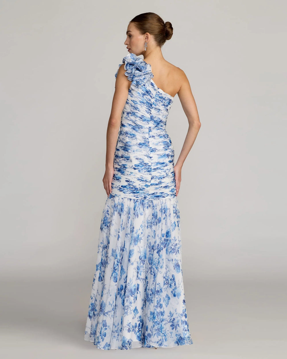Blue Ruched Floral Chiffon Gown With 3D Ruffles - FOSTANI.com