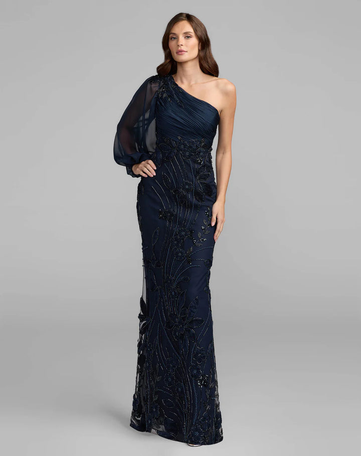 Mac Duggal 69019 One Shoulder Bishop Sleeve Floral Applique Trumpet Gown