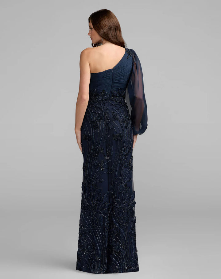 Mac Duggal 69019 One Shoulder Bishop Sleeve Floral Applique Trumpet Gown