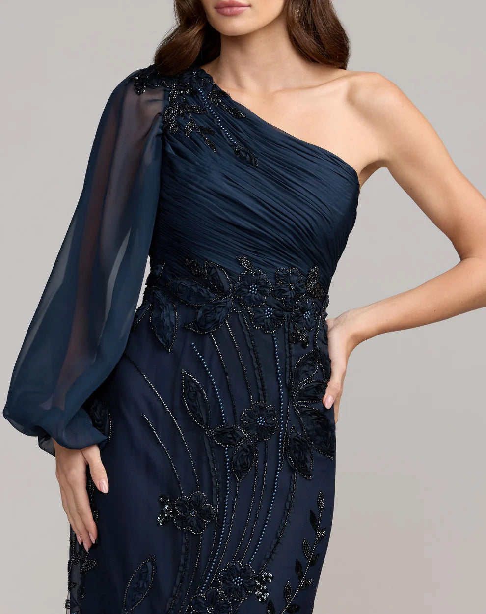 Mac Duggal 69019 One Shoulder Bishop Sleeve Floral Applique Trumpet Gown