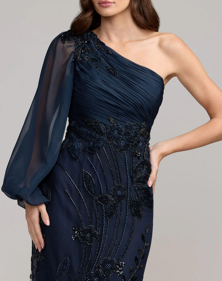 Mac Duggal 69019 One Shoulder Bishop Sleeve Floral Applique Trumpet Gown
