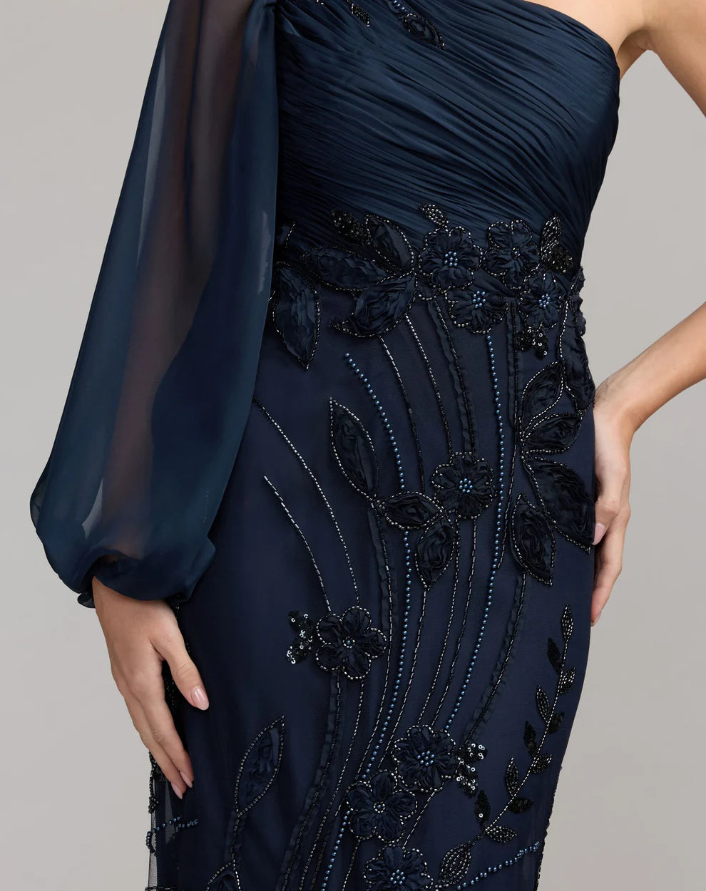 Mac Duggal 69019 One Shoulder Bishop Sleeve Floral Applique Trumpet Gown