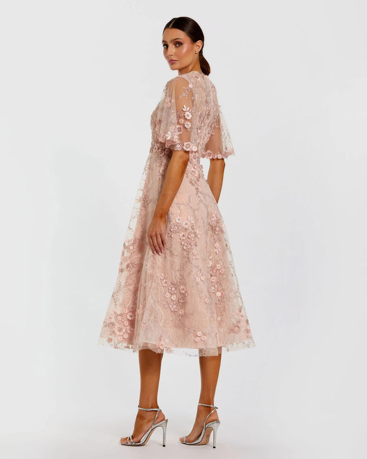 Pink Flutter Sleeve Embroidered Midi Dress - FOSTANI.com