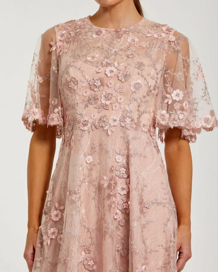 Pink Flutter Sleeve Embroidered Midi Dress - FOSTANI.com