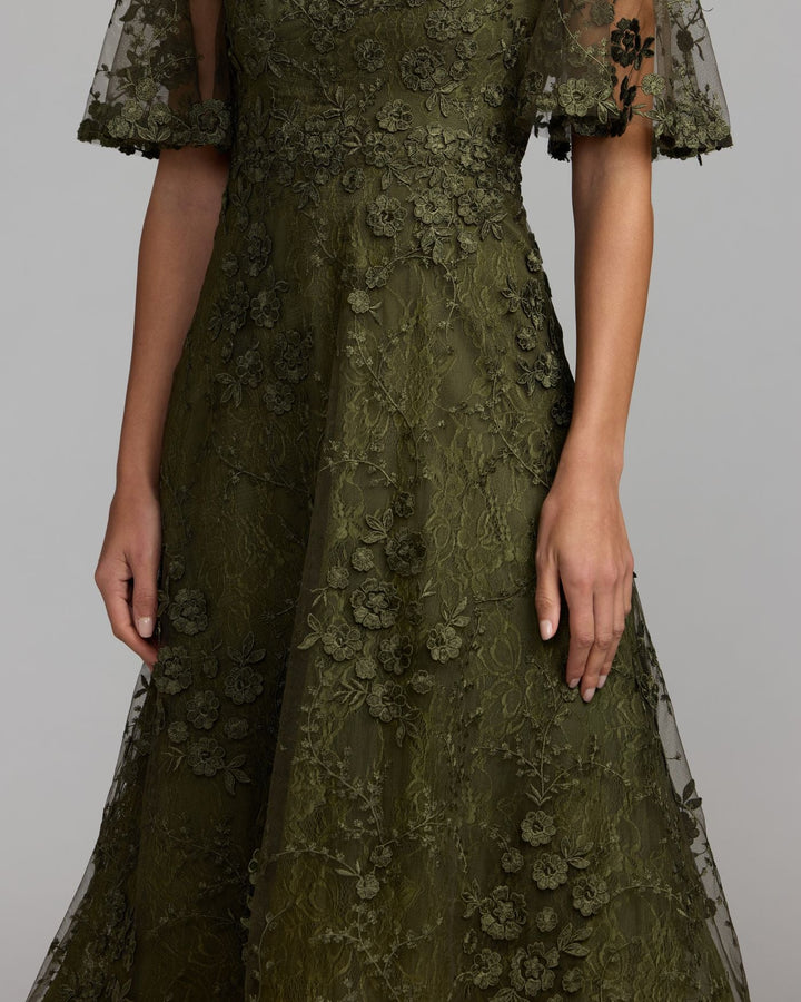 Mac Duggal 69036 Flutter Sleeve Embroidered Midi Dress