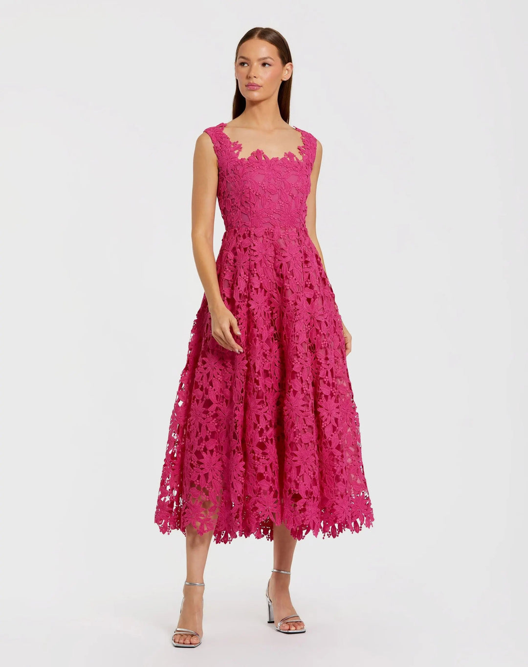Pink Sleeveless Embroidered Lace A Line Midi Dress - FOSTANI.com