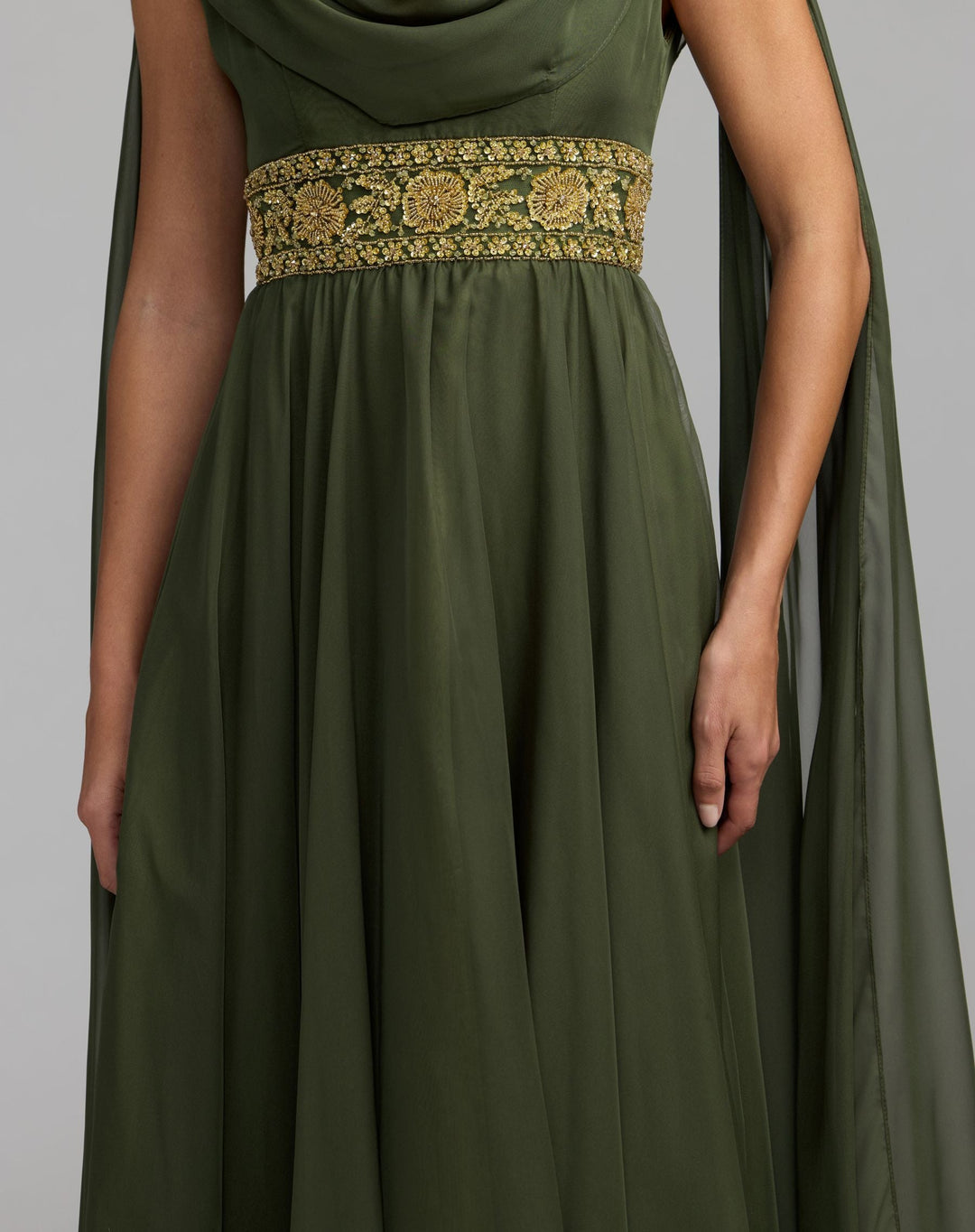 Mac Duggal 69218 Cowl Chiffon Gown With Embellished Waist
