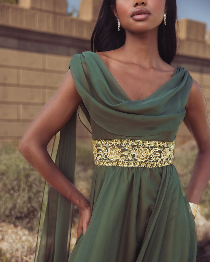 Mac Duggal 69218 Cowl Chiffon Gown With Embellished Waist