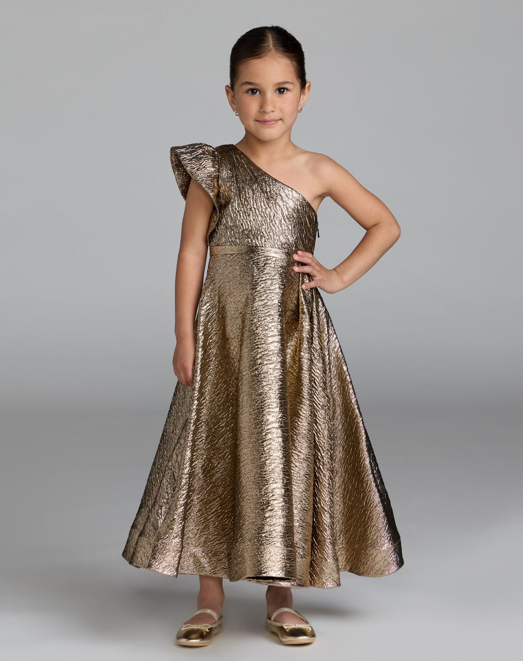 Mac Duggal 69314 Girls One Shoulder Metallic Maxi Dress
