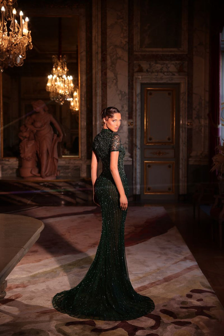 Chic & Holland HF110633 Mock Neckline Short Sleeves Ornate Linear Beaded Sheath Couture Dress