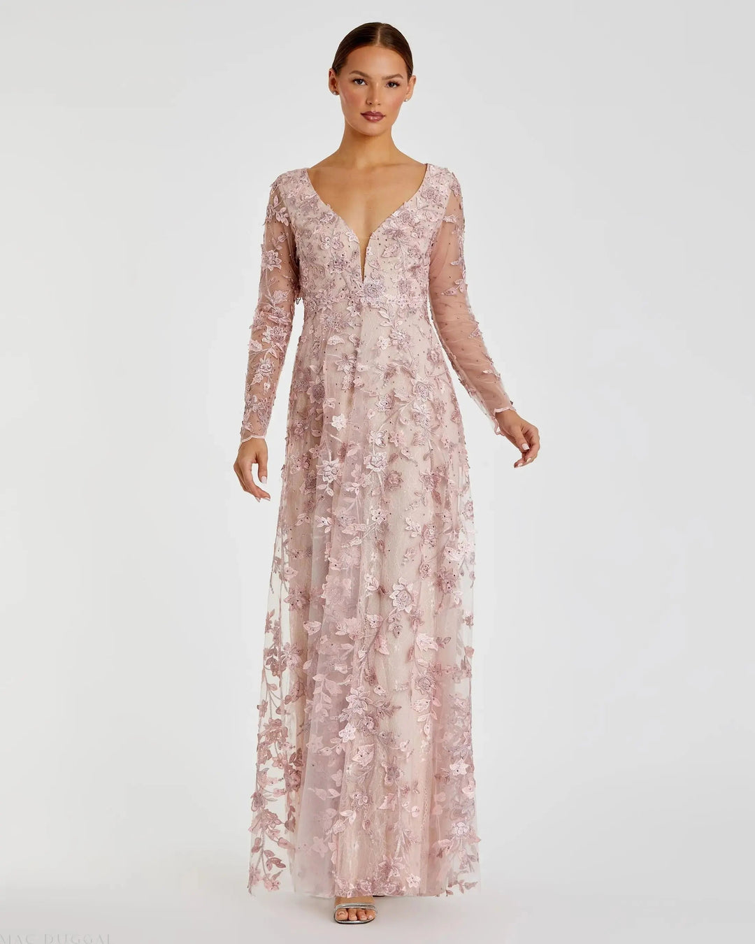 Pink Floral Applique Long Sleeve Illusion Gown - FOSTANI.com