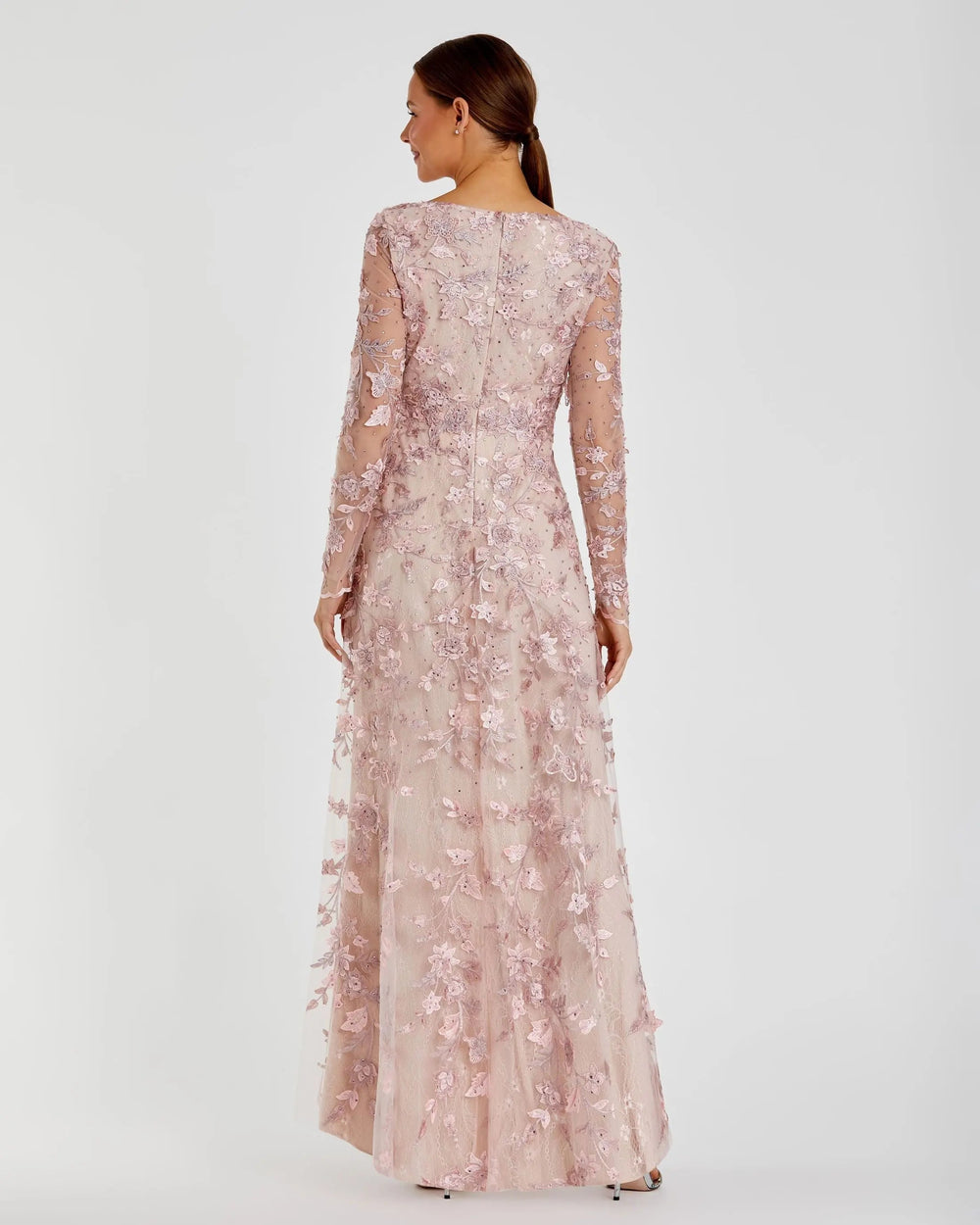 Pink Floral Applique Long Sleeve Illusion Gown - FOSTANI.com