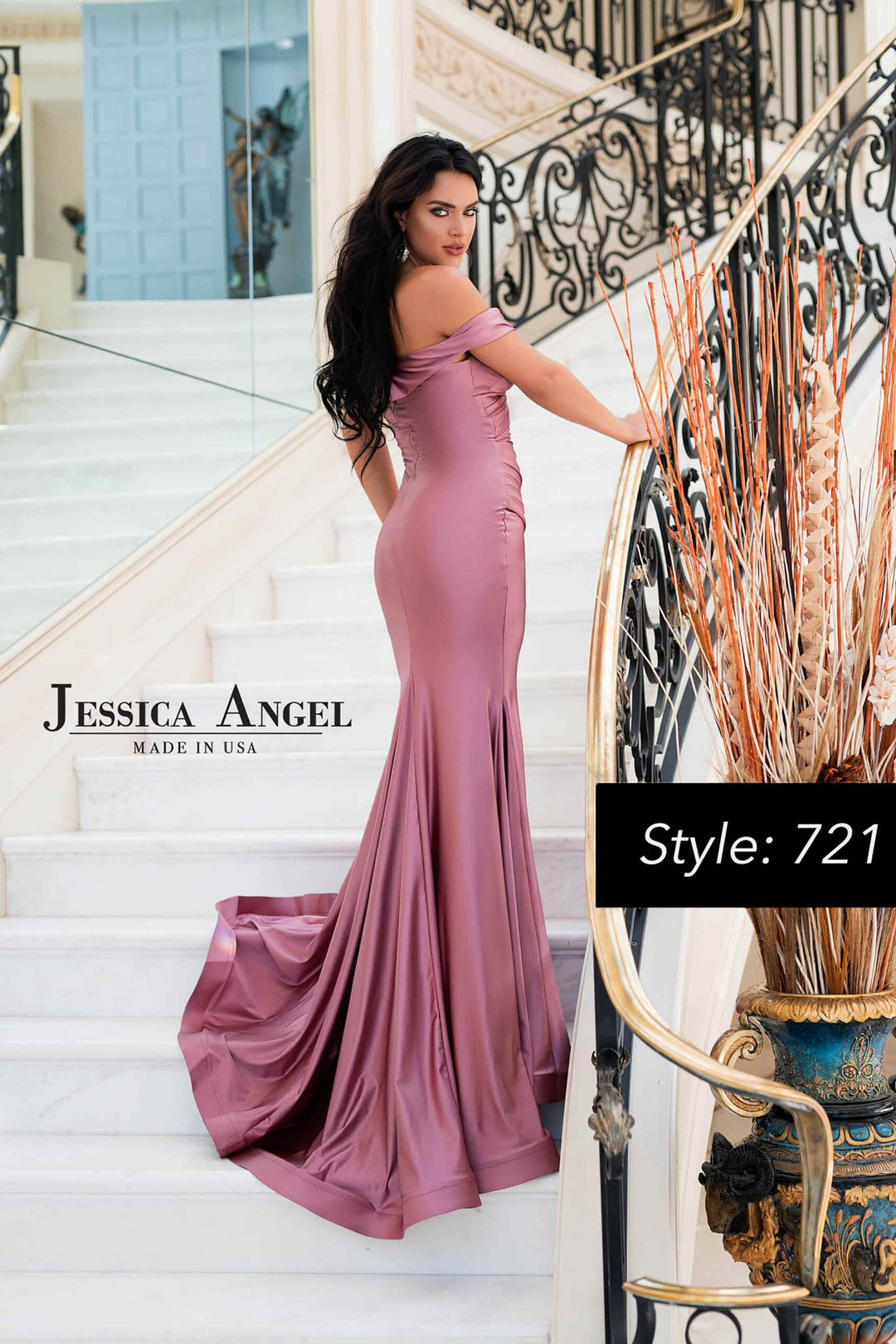 Jessica Angel 721 off shoulder pleated jersey mermaid gown back view