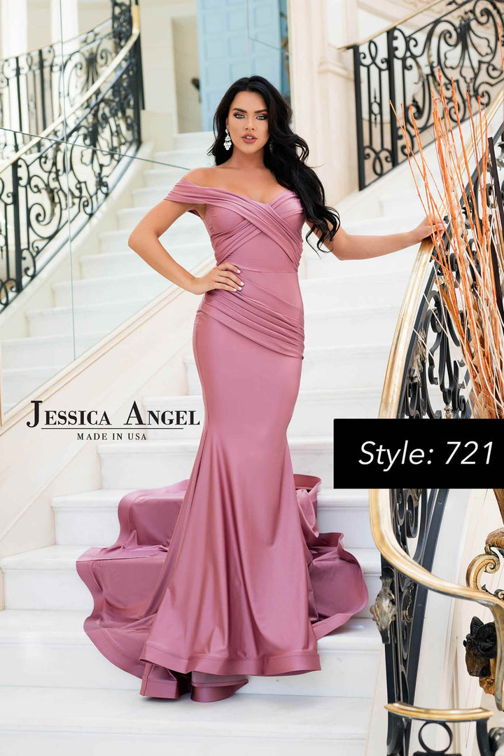 Jessica Angel 721 off shoulder pleated jersey mermaid gown front view
