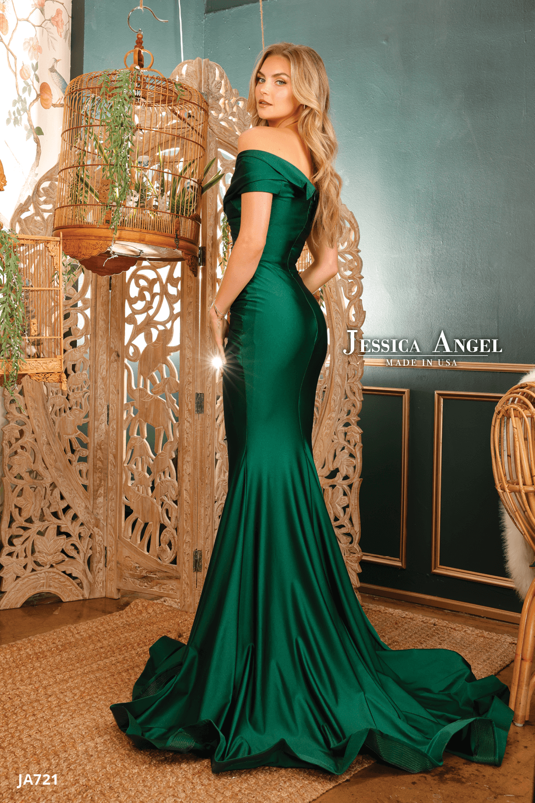 Jessica Angel 721 off shoulder pleated jersey mermaid gown alternate view 3