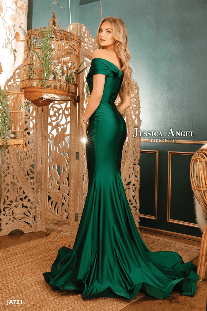 Jessica Angel 721 off shoulder pleated jersey mermaid gown alternate view 3