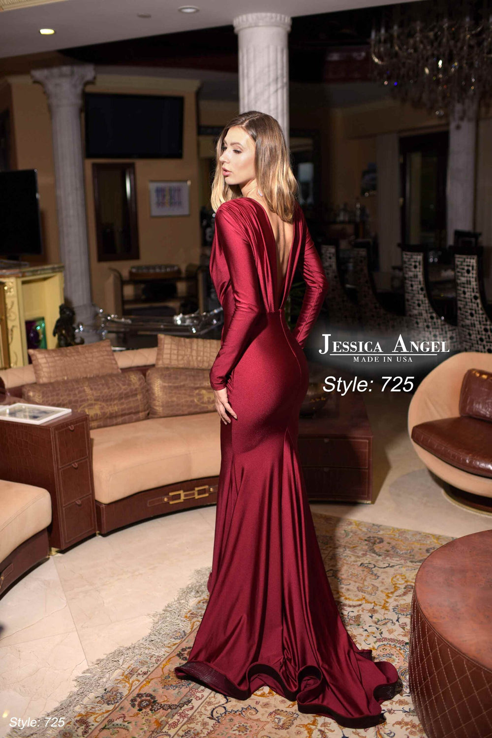 Jessica Angel 725 long sleeve plunging V-neck jersey mermaid gown back view