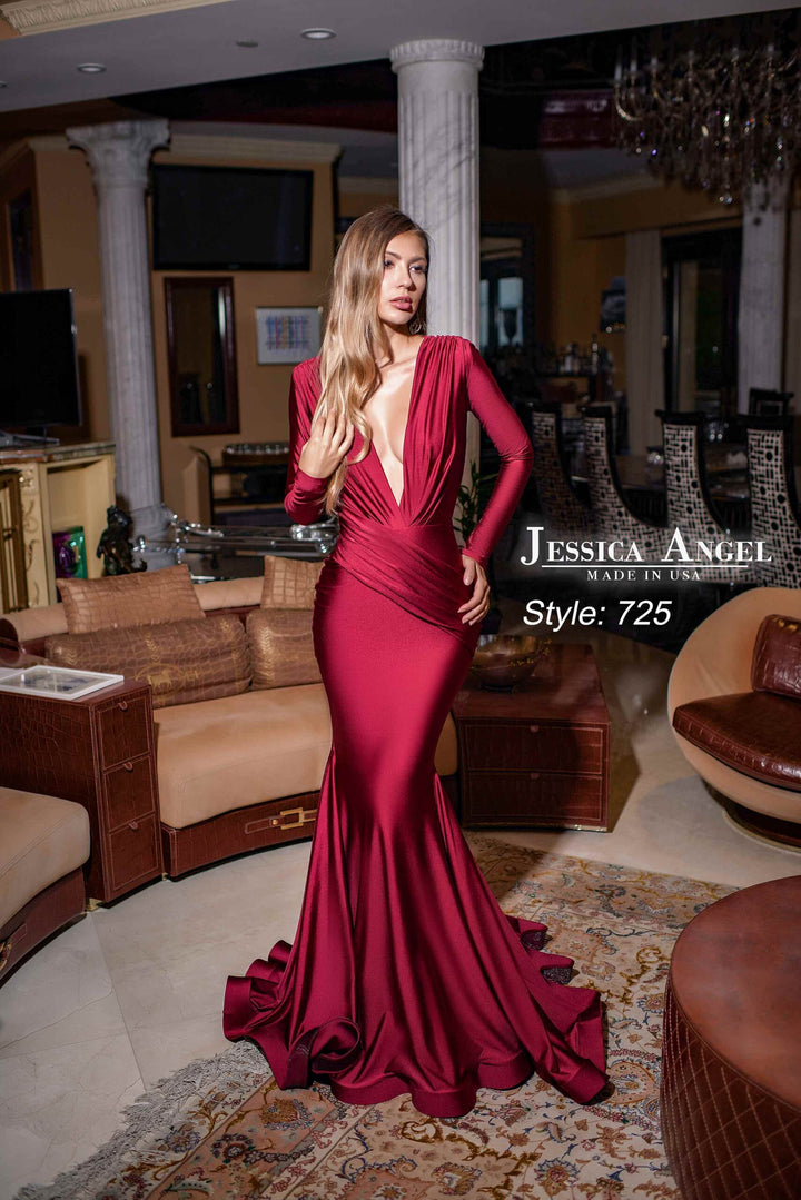 Jessica Angel 725 long sleeve plunging V-neck jersey mermaid gown front view