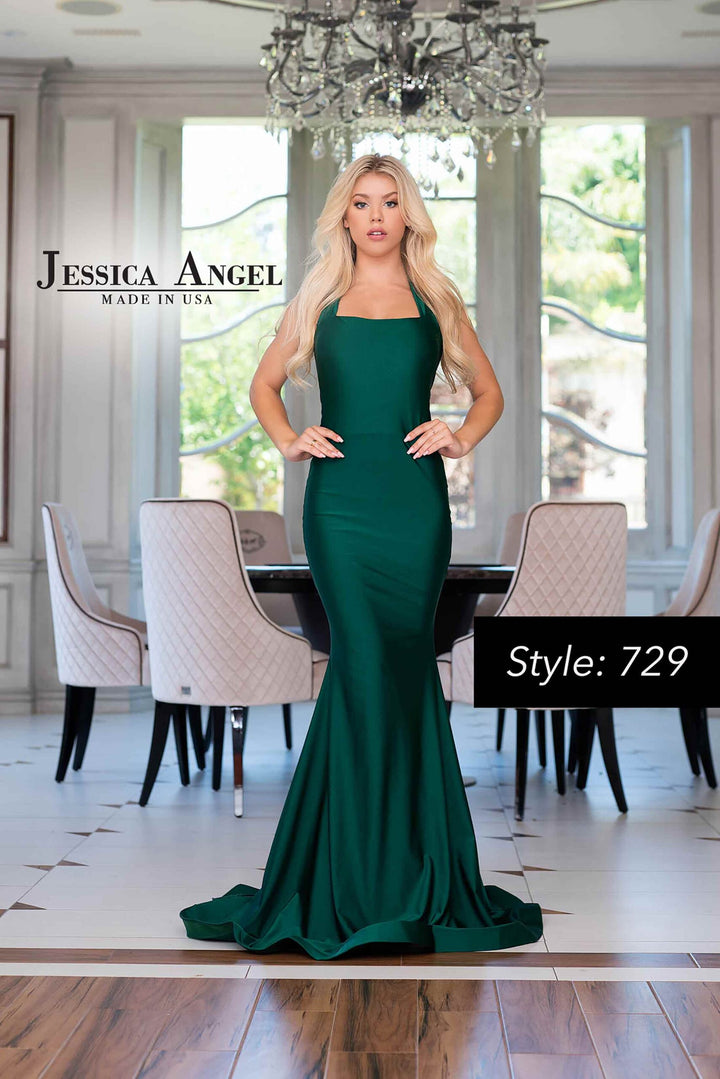 Jessica Angel 729 square neck open back jersey mermaid gown front view