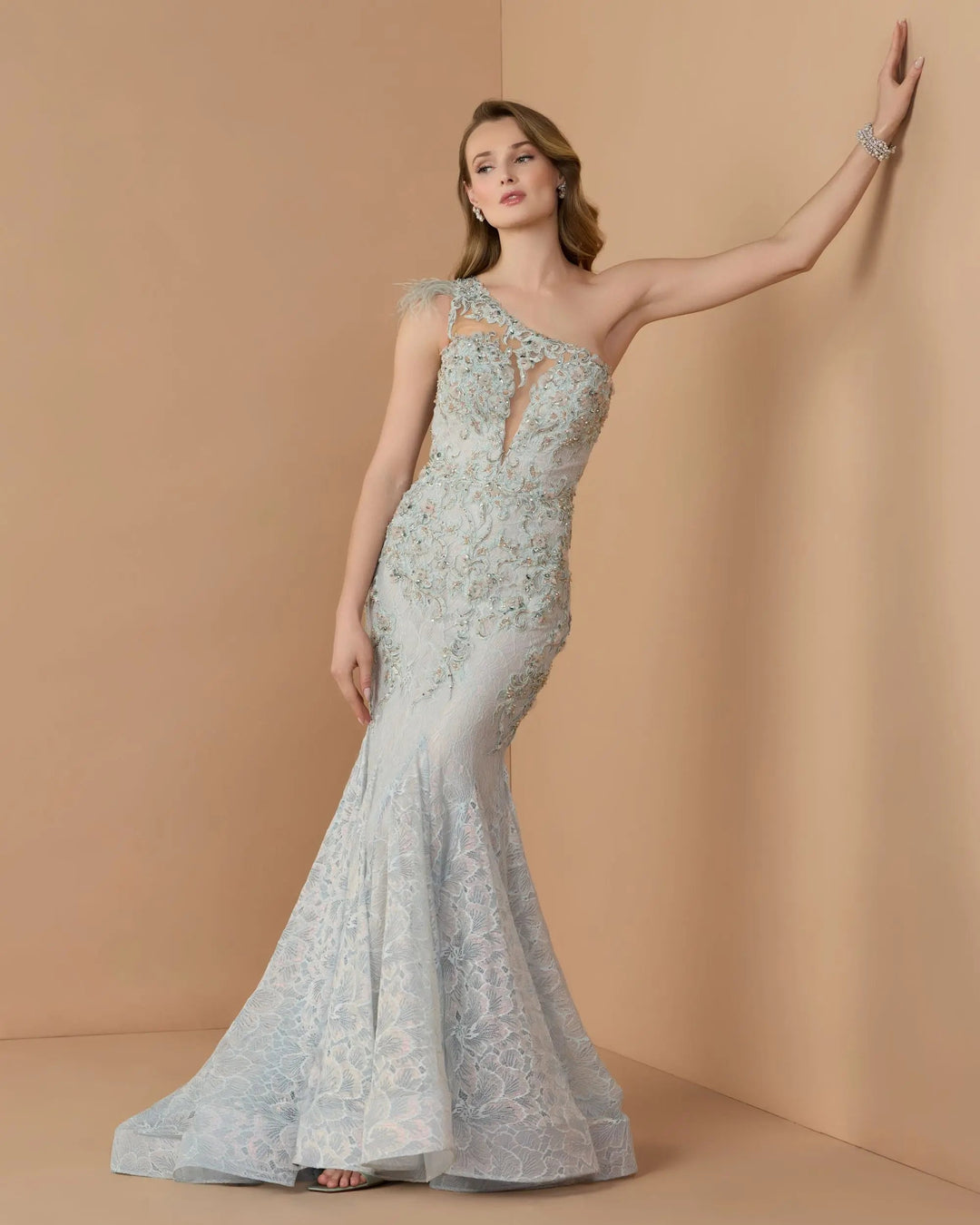 Mac Duggal 79264 Embellished Lace One Shoulder Gown With Feather Detail