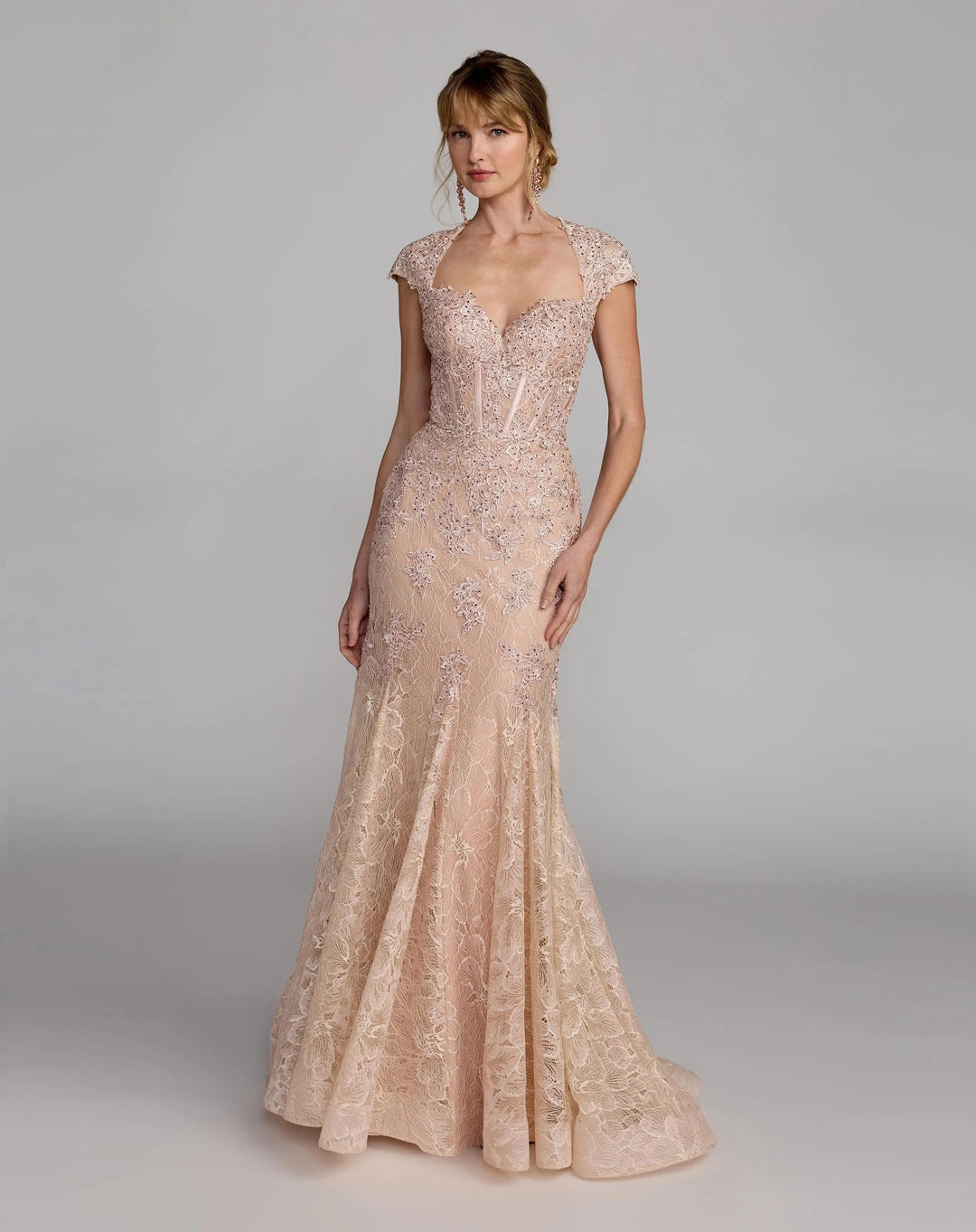 Pink Embroidered Lace Mermaid Gown With Cap Sleeves - FOSTANI.com