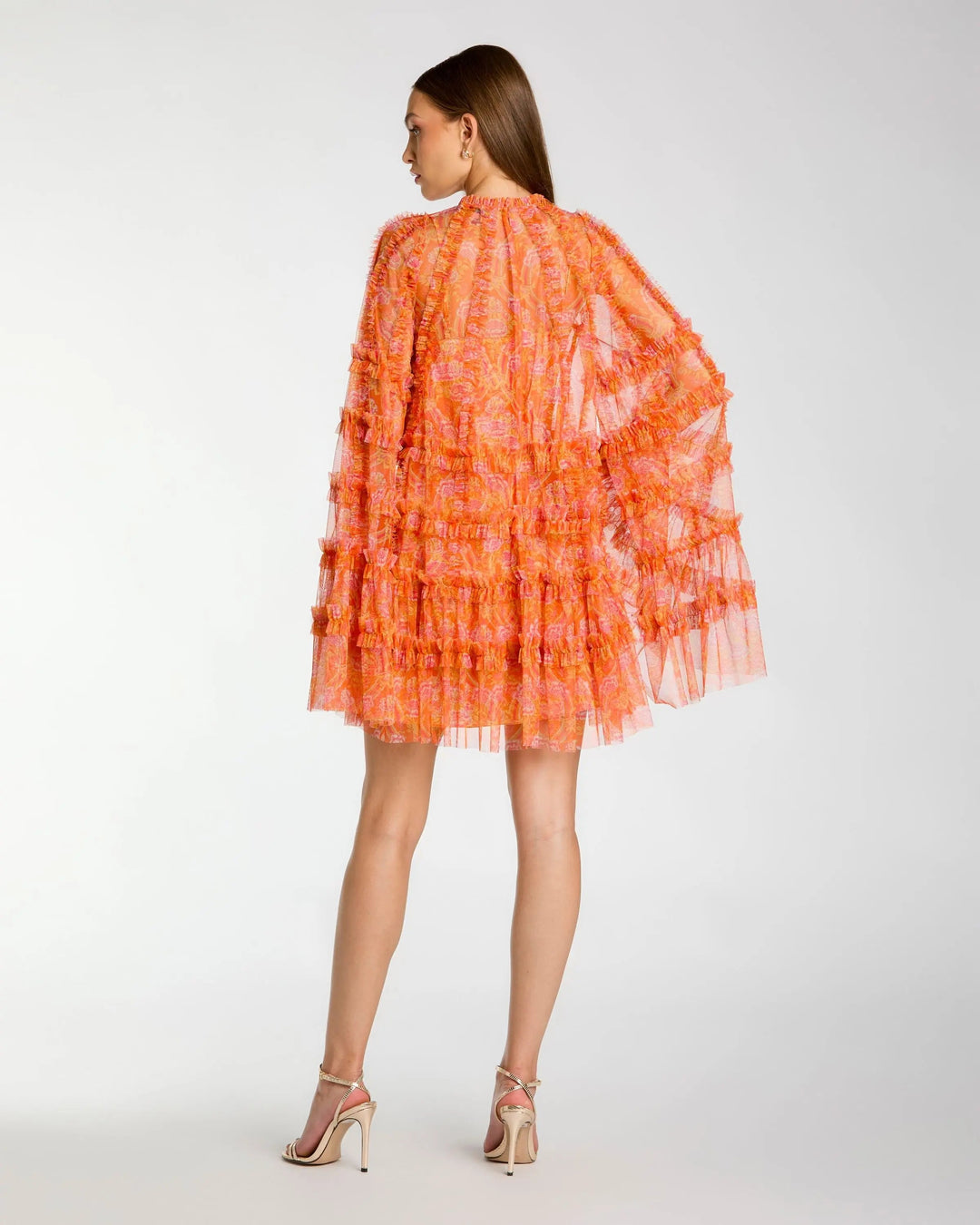 Mac Duggal 8007 Orange Floral Ruffle Long Sleeve Mini Dress - FOSTANI.com