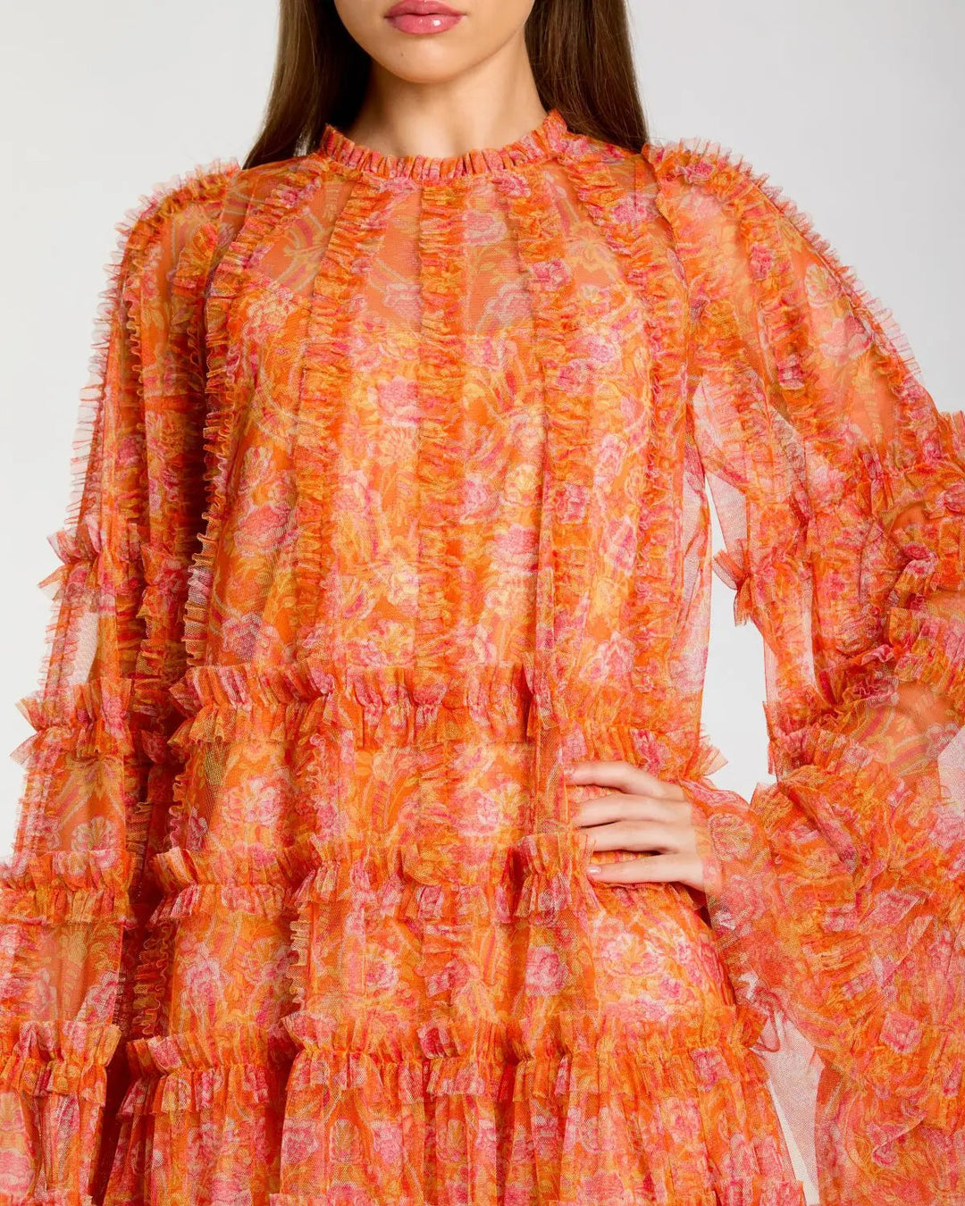 Mac Duggal 8007 Orange Floral Ruffle Long Sleeve Mini Dress - FOSTANI.com