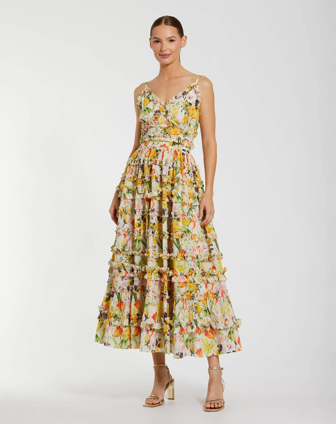 Yellow Floral Printed Micro Ruffle Cotton Midi Dress - FOSTANI.com