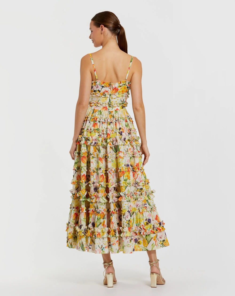 Yellow Floral Printed Micro Ruffle Cotton Midi Dress - FOSTANI.com