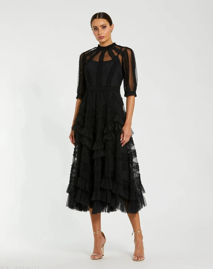 Mac Duggal 998058P High Neck Micro Ruffle Tiered Midi Dress - FOSTANI.com