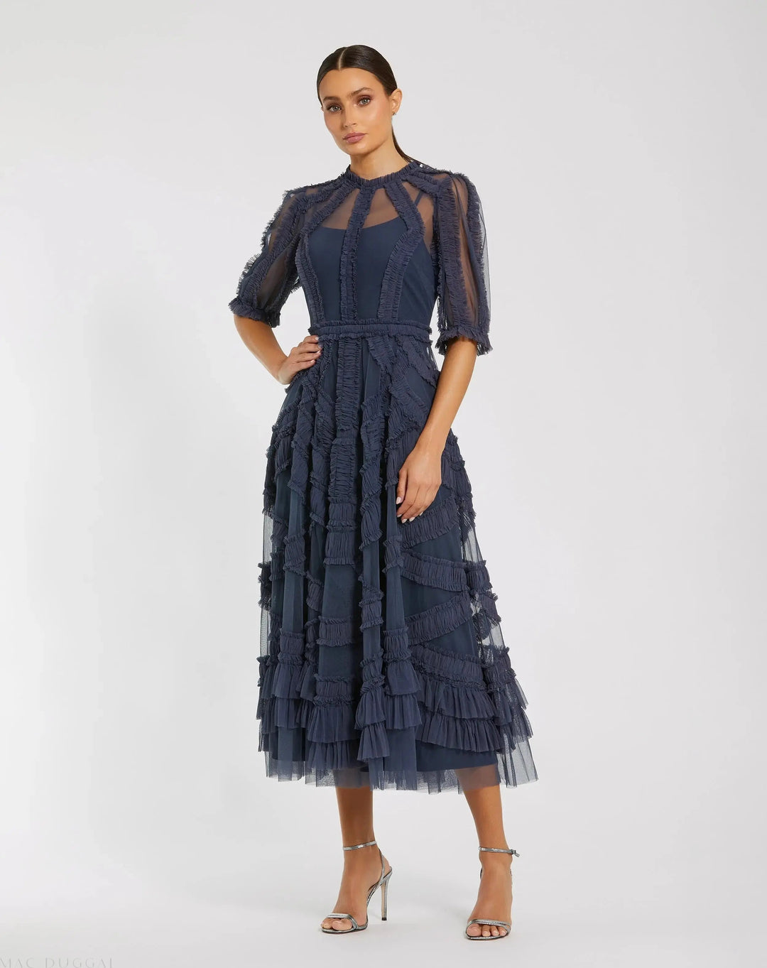 Mac Duggal 998058P High Neck Micro Ruffle Tiered Midi Dress - FOSTANI.com